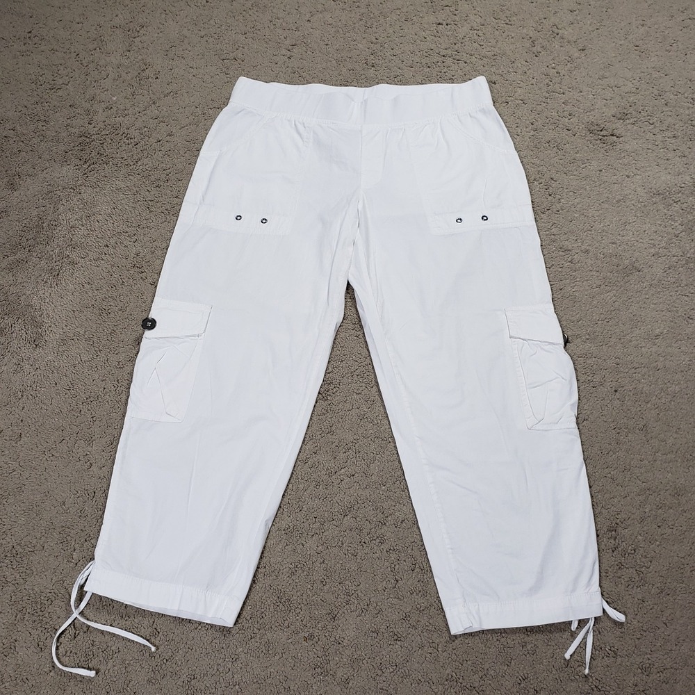 XCVI Cargo Pants Women L White Pull-On Cropped Ruched Leg Drawstring Hem Stretch